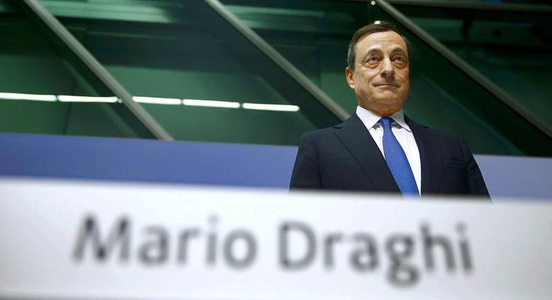 European Central Bank president Mario Draghi arrives for the conference in Frankfurt on January 22, 2015. Kai Pfaffenbach / Reuters
