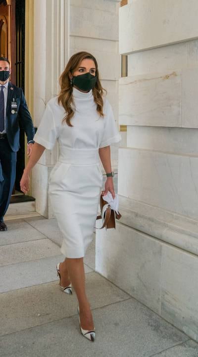Queen Rania, in white Roksanda, arrives to meet Speaker of the House Nancy Pelosi at the Capitol in Washington on July 22, 2021. Photo: Balkis Press