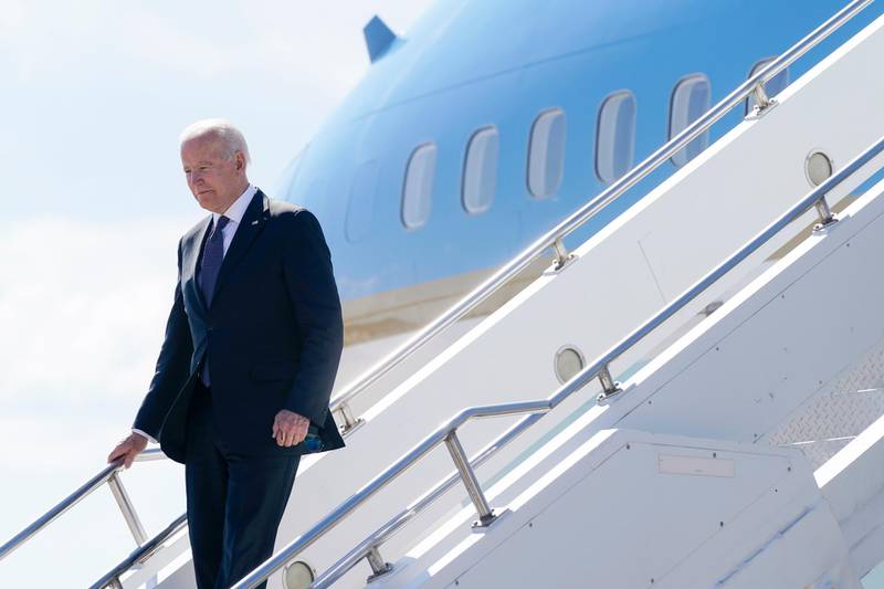 US President Joe Biden steps off Air Force One at Geneva Airport in Geneva, Switzerland ahead of his meeting with Russian President Vladimir Putin on Wednesday. AP Photo