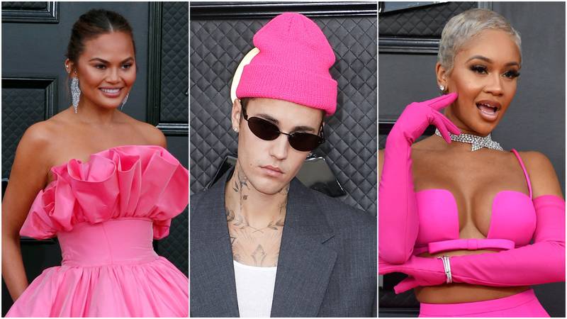 Chrissy Teigen, Justin Bieber and Saweetie all wore hot pink pieces for the 2022 Grammy Awards on April 3. Getty Images, AFP