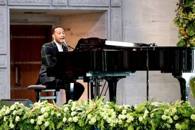 US musician John Legend plays the piano during the award ceremony of the 2017 Nobel Peace Prize at the city hall in Oslo, Norway, on December 10, 2017.
The Nobel Peace Prize was awarded to the International Campaign to Abolish Nuclear Weapons (ICAN), as its representatives warn of "an urgent threat" over US-North Korea tensions. / AFP PHOTO / NTB SCANPIX / Berit ROALD / Norway OUT