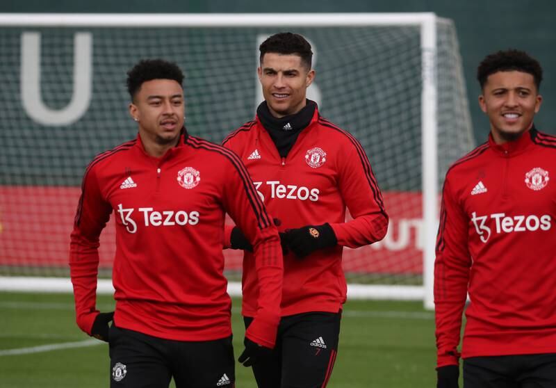 Manchester United's Jesse Lingard, Cristiano Ronaldo and Jadon Sancho during a session at Carrington training ground ahead of the Premier League clash against Norwich City. All pictures Getty Images