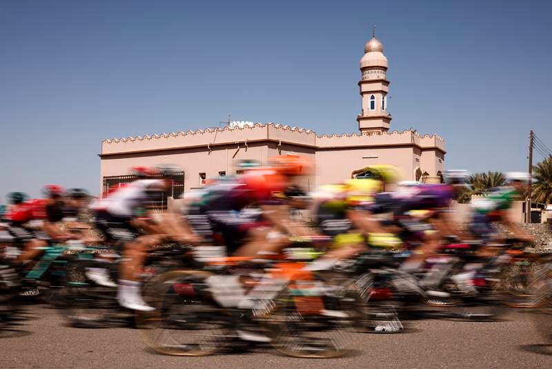The pack of riders in action during the 4th stage of the Tour of Oman cycling race over 204. 9 km from Izki to Yitti Hills, Oman. EPA