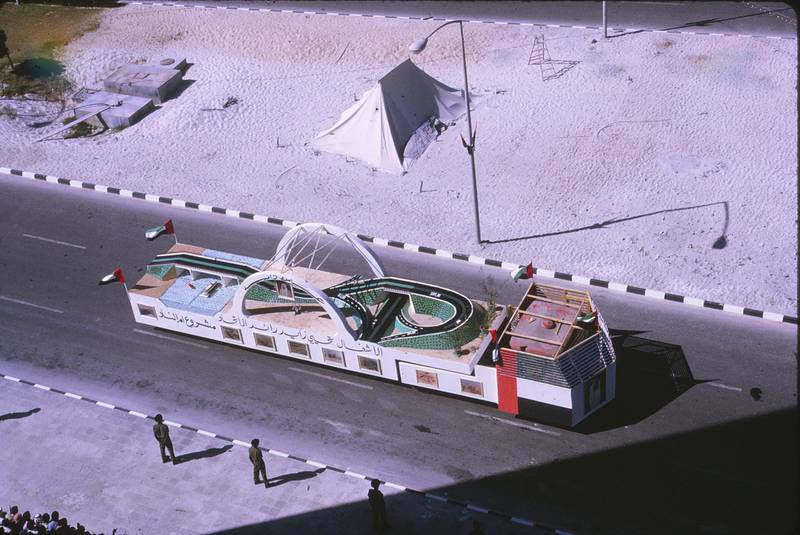 A float representing Al Maqta bridge is driven along Abu Dhabi's old corniche in 1973. Photo: Peter Alves