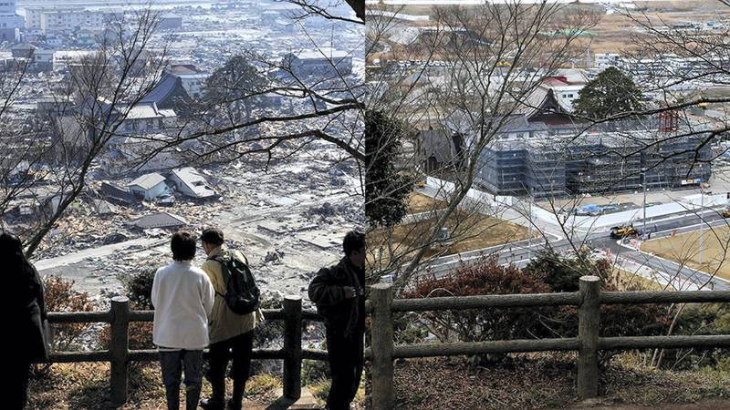 Composite of two images: Ishinomaki in 2011 and 2016. LEFT: Tsunami survivors look over the tsunami-devastated area of Ishinomaki in Miyagi Prefecture, about 270km north of Tokyo, northern Japan, on 13 March 2011. Kimimasa Mayama / EPA ////// RIGHT: The same outlook tsunami survivors stood and watched from above, pictured just before the five-year anniversary of the tsunami and earthquake, on January 26, 2016. Kimimasa Mayama / EPA.