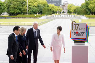 Fumio Kishida, Prime Minister of Japan, and his wife Yuko with US President Joe Biden and first lady Jill Biden at the Peace Memorial Park, Hiroshima. AFP
