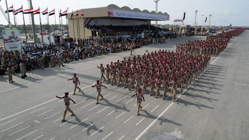 Houthi military forces parade in the Red Sea port city of Hodeidah on September 1.  Reuters