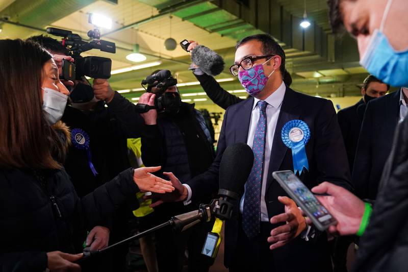 Conservative Party candidate Neil Shastri-Hurst speaks to the media after the declaration. This is the first time the parliamentary seat has changed party in nearly 200 years. PA