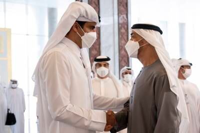 The President, Sheikh Mohamed, receives condolences from the Emir of Qatar, Sheikh Tamim, at the Presidential Airport in Abu Dhabi. Rashed Al Mansoori / Ministry of Presidential Affairs