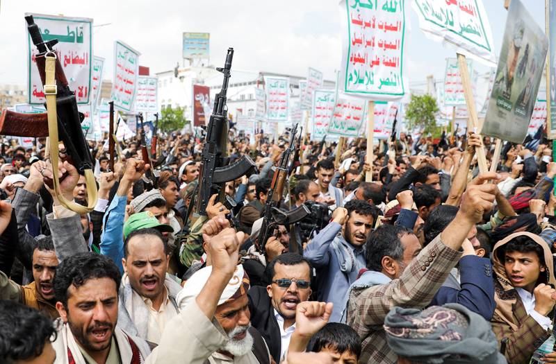 Houthi supporters rally in Sanaa. An explosion near the capital on Monday was said to be caused by a failed Houthi missile launch. Reuters