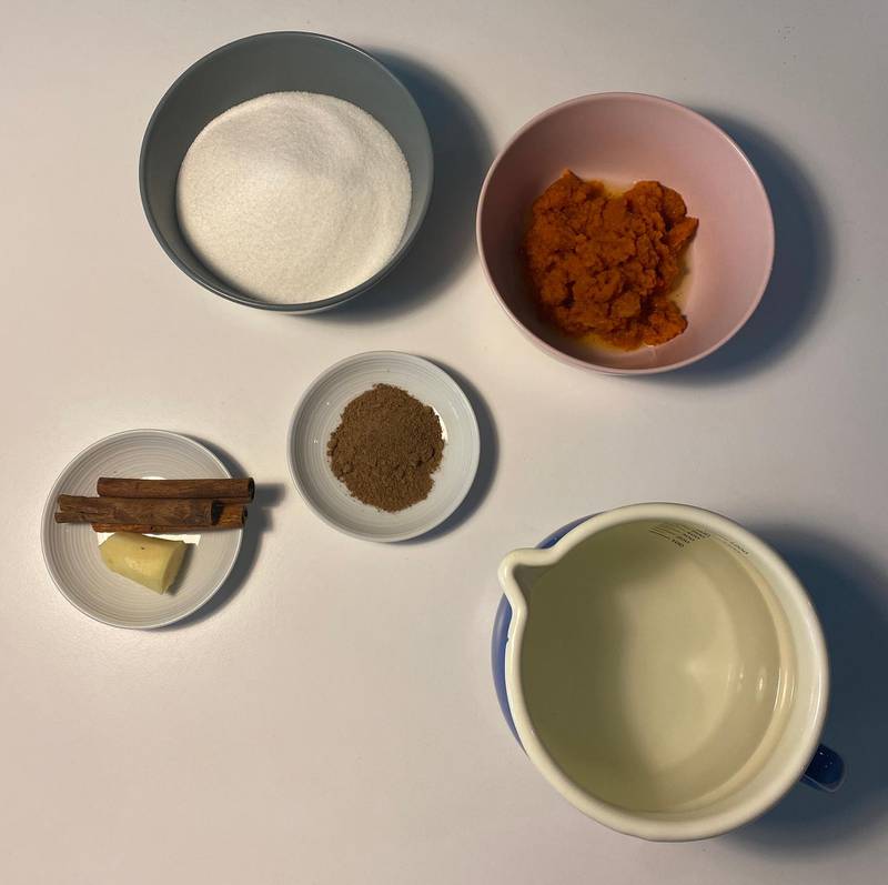 All of the ingredients to make your own pumpkin-spiced syrup: fresh ginger, cinnamon, nutmeg, sugar, pumpkin puree and water. Farah Andrews / The National