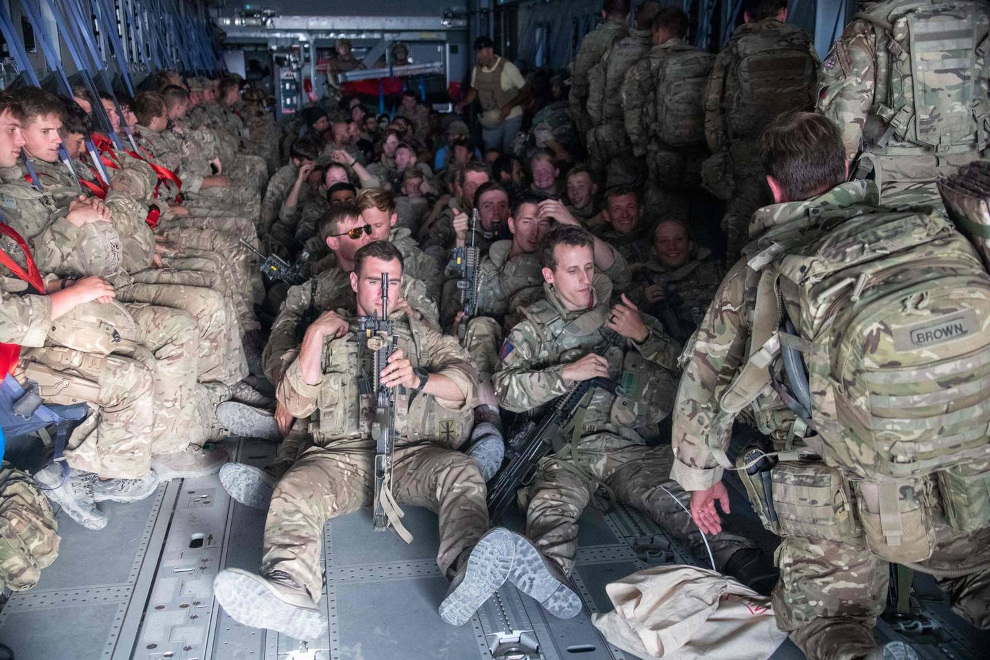 British military personnel on-board a Royal Air Force A400M aircraft ahead of departing Kabul Airport. AFP