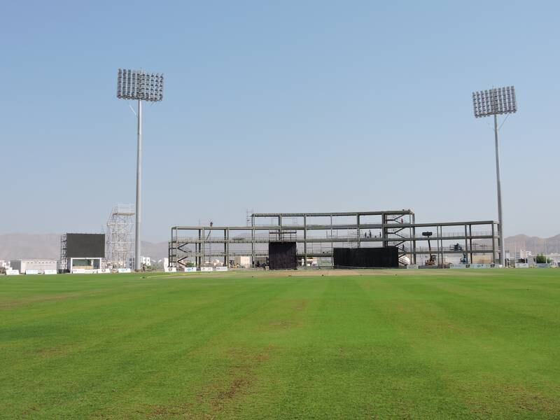 The new structure at the northern end of the ground, for media and VIPs, is the only permanent stand set to be added for the T20 World Cup. Photo: Oman Cricket