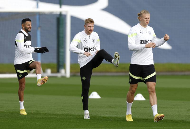 Manchester City's Erling Braut Haaland, Kevin De Bruyne and Riyad Mahrez during training. Reuters
