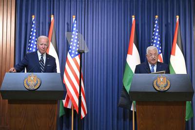 US President Joe Biden and Palestinian President Mahmoud Abbas address the media after their meeting at the Muqataa Presidential Compound in Bethlehem, the occupied West Bank. AFP