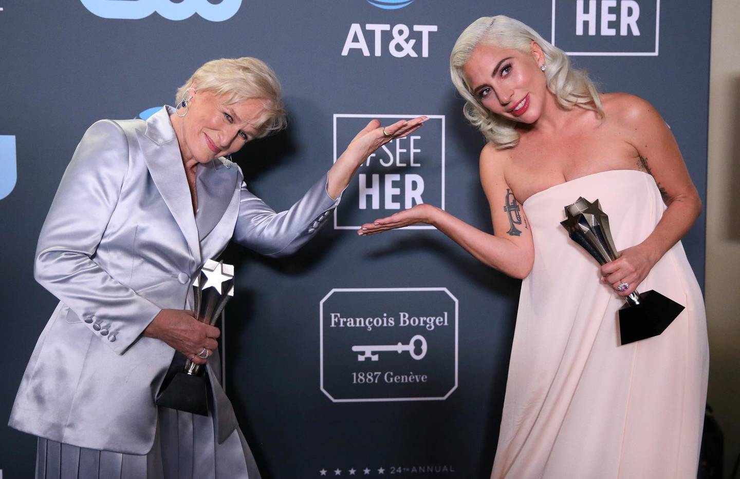 24th Critics Choice Awards – Photo Room – Santa Monica, California, U.S., January 13, 2019 - Glenn Close and Lady Gaga pose backstage with their Best Actress awards for "The Wife" and "A Star is Born". REUTERS/Danny Moloshok     TPX IMAGES OF THE DAY