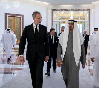 King Felipe VI of Spain walks with President Sheikh Mohamed at Abu Dhabi's Presidential Airport