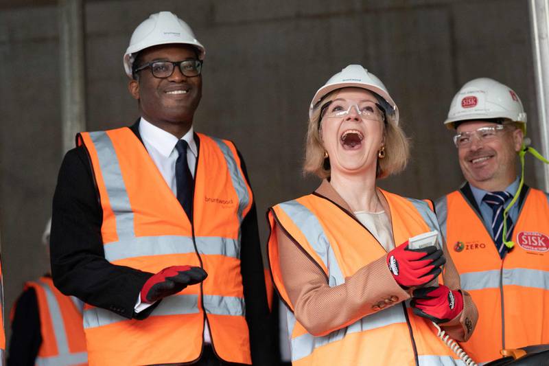 Ms Truss and Mr Kwarteng visit a construction site for a medical innovation campus in Birmingham. AFP