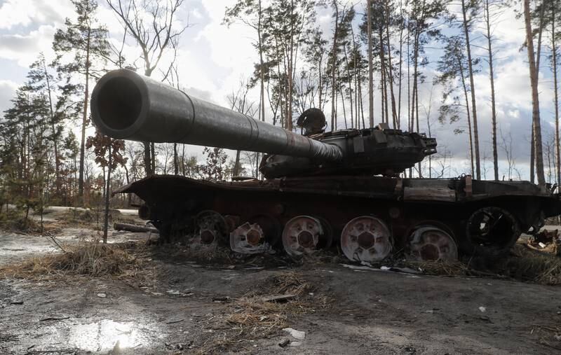 A wrecked Russian tank near Dmytrivka village, about 25km from Kyiv, Ukraine. EPA