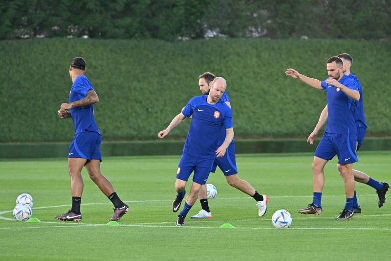 Davy Klaassen and teammates take part in a Netherlands training session at Qatar University. AFP