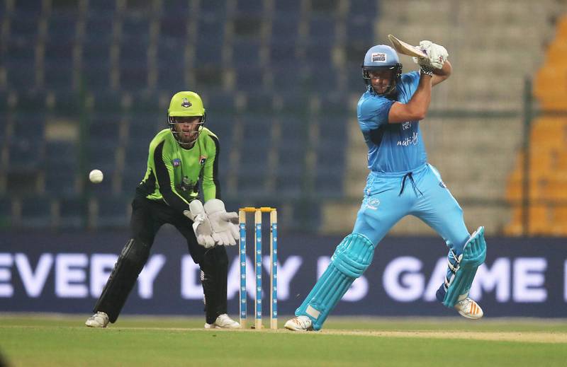 ABU DHABI , UNITED ARAB EMIRATES, October 06 , 2018 :- De Bruyn of Multiply Titans playing a shot during the Final of Abu Dhabi T20 cricket match between Lahore Qalanders vs Multiply Titans held at Zayed Cricket Stadium in Abu Dhabi. ( Pawan Singh / The National )  For Sports/News/Instagram/Online. Story by Amith