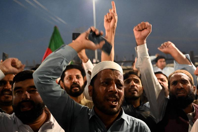 Supporters of the former prime minister take part in a protest in Peshawar against the shooting. AFP