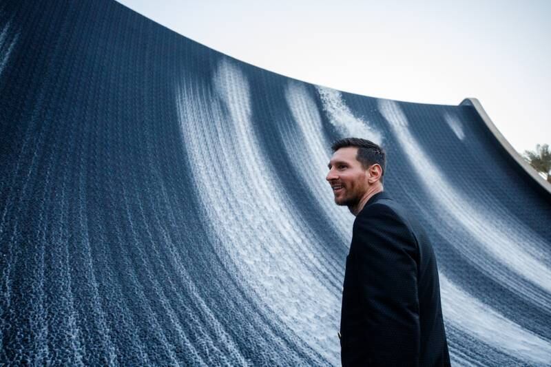 Lionel Messi visits Surreal, the water feature, during his visit to Expo 2020 Dubai. Christophe Viseux / Expo 2020 Dubai