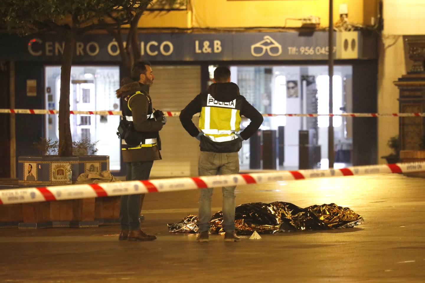 Members of the Spanish National Police at the scene of the attack in Algeciras, southern Spain, on Wednesday. EPA
