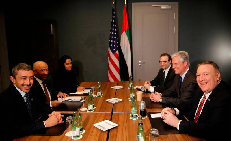 US Secretary of State Mike Pompeo meets UAE Minister of Foreign Affairs and International Co-operation Sheikh Abdullah bin Zayed for bilateral talks prior to a peace summit on Libya in Berlin. AFP