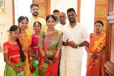 The Indian bride and groom are thrilled to share their special day with friends and relatives in the Hindu temple in Jebel Ali, Dubai. 