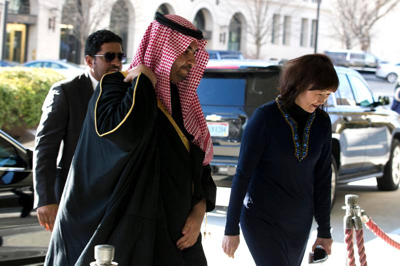 Saudi Deputy Minister of Defense Khalid bin Salman Al Saud arrives for a private meeting with Secretary of State Mike Pompeo at the Department of State in Washington, Monday, Jan. 6, 2020. (AP Photo/Jose Luis Magana)