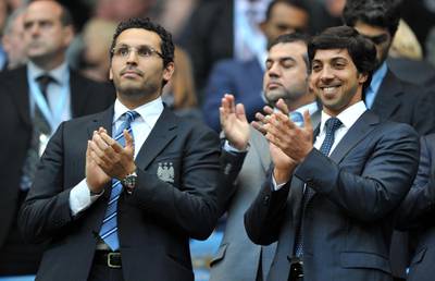 File photo dated 23-08-2010 of Manchester City owner Sheikh Mansour with chairman Khaldoon Al Mubarak (left). Issue date: Wednesday May 26, 2021. PA Photo. We look at some of the key dates in the Manchester City journey from the English third tier to the top of the European game as they prepare for the Champions League final 22 years after escaping Division Two 2008: Club sold by Shinawatra to the Abu Dhabi United Group, the investment vehicle of Sheikh Mansour; Robinho signed for British record Â£32.5million among flurry of big-money deals. See PA Story SOCCER Champions League Man City Timeline. Photo credit should read: Martin Rickett/PA Wire