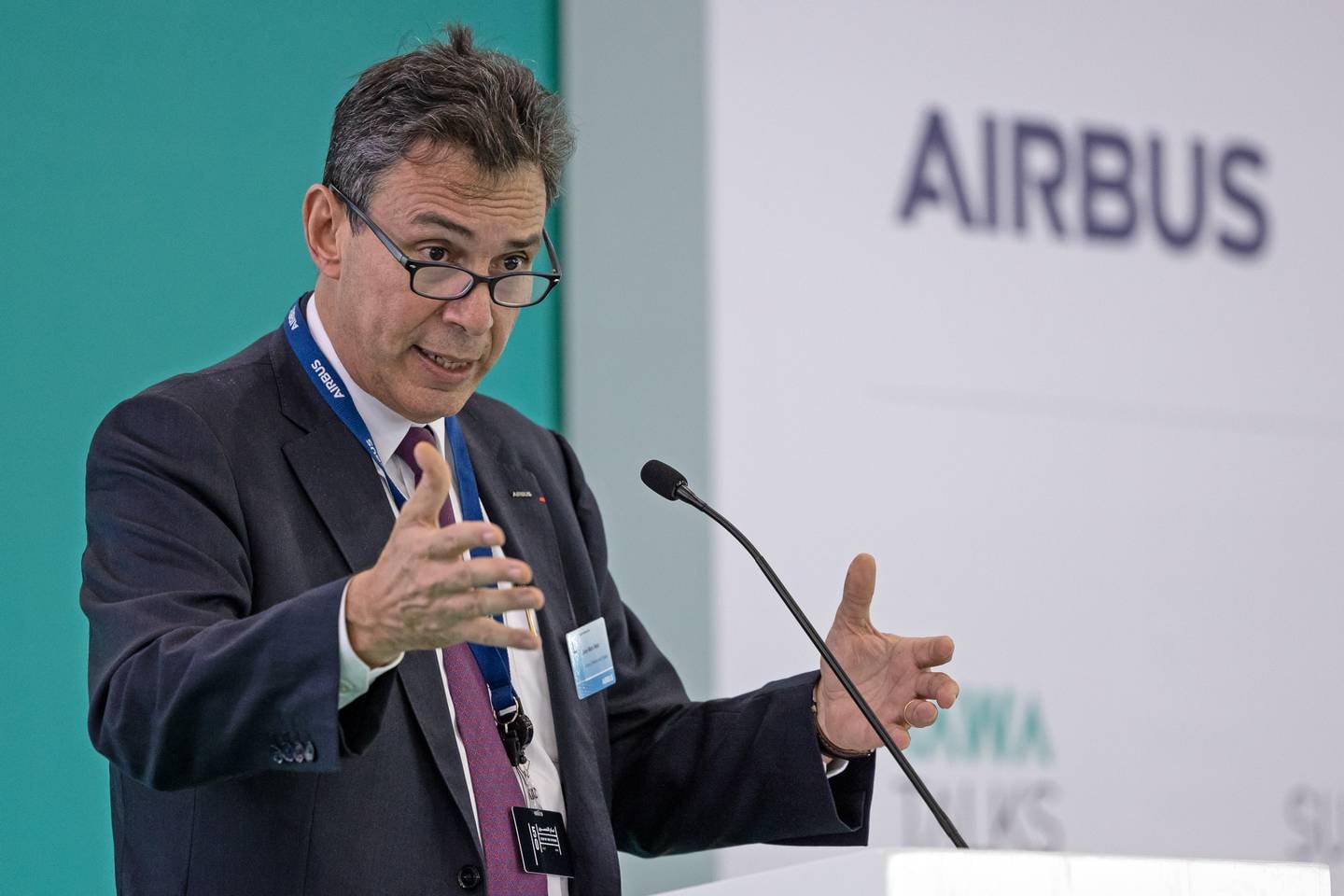 Jean-Marc Nasr, head of space systems for Airbus Defence and Space, speaks at the Dubai Airshow's Space Forum. Photo: Airbus