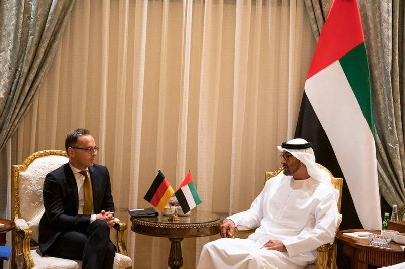 Sheikh Mohamed bin Zayed, Crown Prince of Abu Dhabi and Deputy Supreme Commander of the Armed Forces, meets German foreign minister Heiko Maas in Abu Dhabi on Sunday. Wam