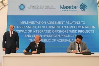 Abu Dhabi's Masdar signed two agreements with Azerbaijan to develop renewable energy and green hydrogen projects in the country with a combined capacity of 4,000 megawatts. Photo: Masdar
