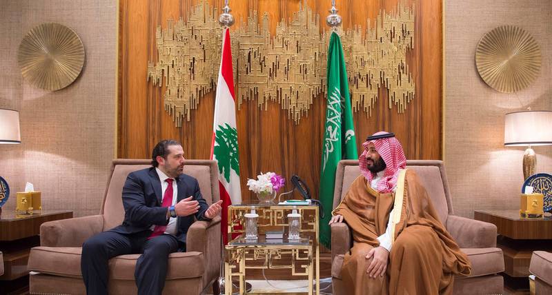 RIYADH, SAUDI ARABIA - MARCH 30 : (----EDITORIAL USE ONLY  MANDATORY CREDIT - "BANDAR ALGALOUD / SAUDI KINGDOM COUNCIL / HANDOUT" - NO MARKETING NO ADVERTISING CAMPAIGNS - DISTRIBUTED AS A SERVICE TO CLIENTS----) Prime Minister of Lebanon Saad Hariri (L) and Deputy Crown Prince and Defense Minister of Saudi Arabia Mohammad bin Salman Al Saud (R) meet in Riyadh, Saudi Arabia on March 30, 2017. (Photo by Bandar Algaloud / Saudi Kingdom Council / Handout/Anadolu Agency/Getty Images)