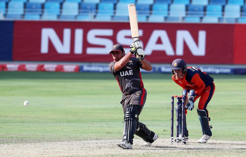 DUBAI, UNITED ARAB EMIRATES , October 29  – 2019 :- Mohammad Boota of UAE playing a shot during the World Cup T20 Qualifier between UAE vs Netherlands held at Dubai International Cricket Stadium in Dubai.  ( Pawan Singh / The National )  For Sports. Story by Paul