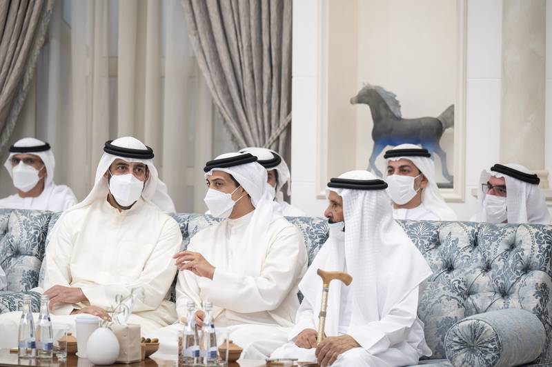 Sheikh Abdullah bin Rashid Al Mualla, Deputy Ruler of Umm Al Quwain, and Sheikh Mansour bin Zayed at Mushrif Palace.
