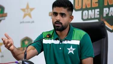 Pakistan's captain Babar Azam gives a press conference regarding the team's preparation for the Cricket World Cup. AP