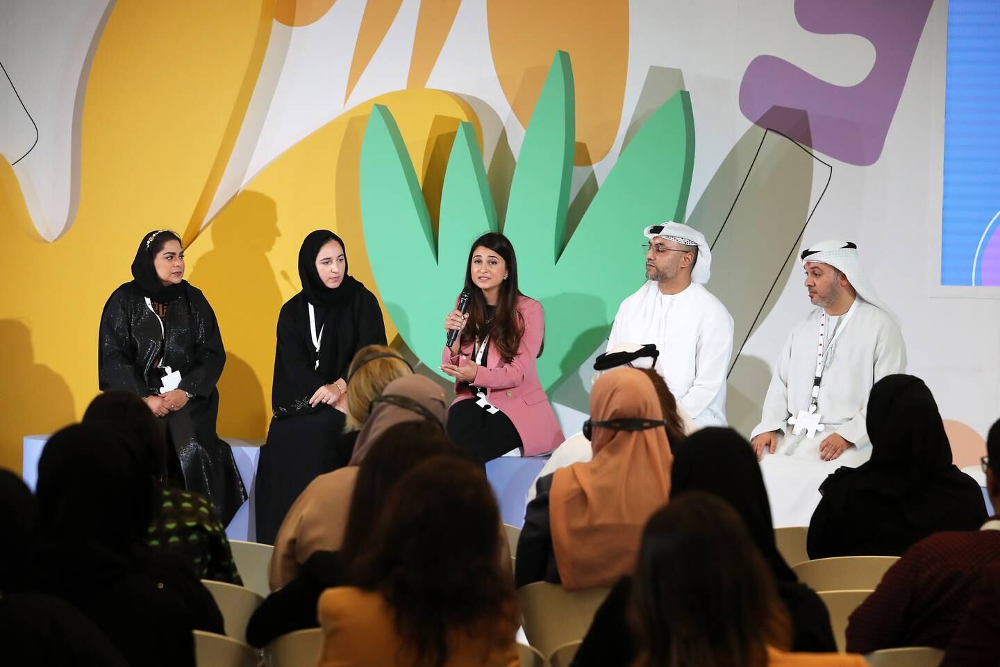 From left, Rasna Al Khamis, director of marketing and engagement at Emirates Nature - WWF; Nour Al Maskari of Masdar; Manal Awad of HSBC; Mohamed Al Mansoori of Etihad Airways; and Ahmed Lari of Abu Dhabi Motorsports Management at the launch event at Yas Conference Centre at Yas Marina Circuit. These companies won the label last year. Pawan Singh / The National
