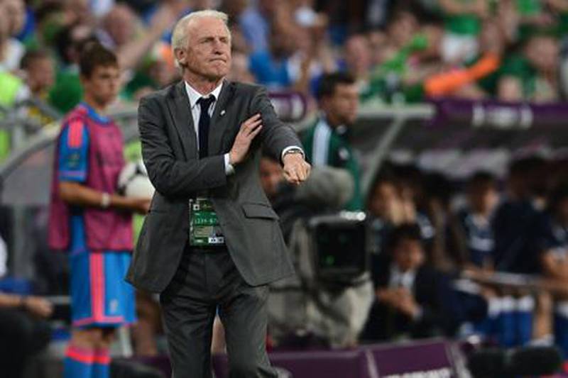 Irish headcoach Giovanni Trapattoni shouts at his players during the Euro 2012 football championships match Italy vs Republic of Ireland on June 18, 2012 at the Municipal Stadium in Poznan. Italy won 2-0. AFP PHOTO / GIUSEPPE CACACE