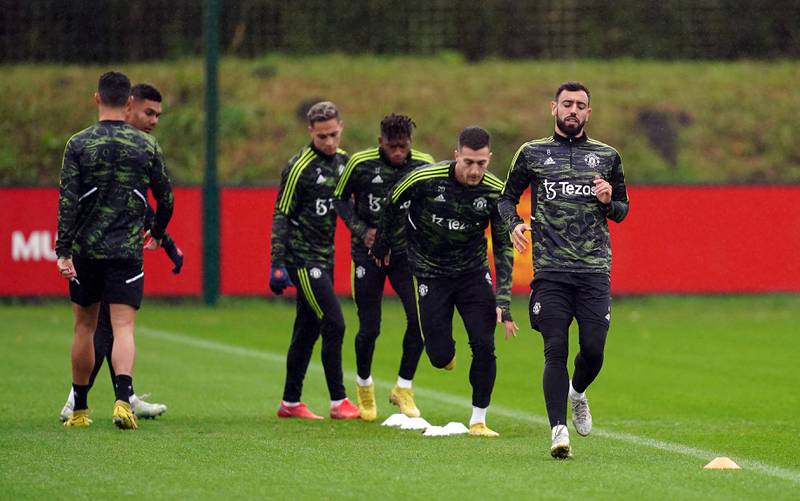 Bruno Fernandes during training in Manchester. PA