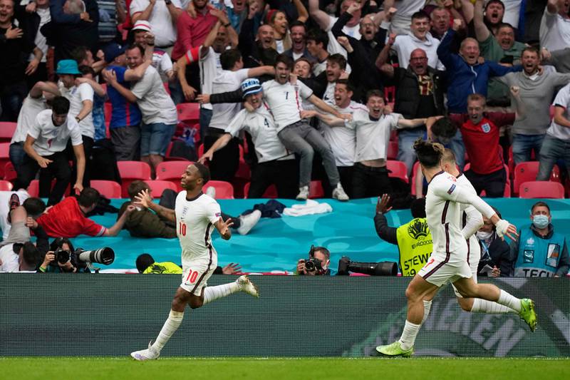 England attacker Raheem Sterling celebrates scoring in the last-16 match at Wembley. AFP