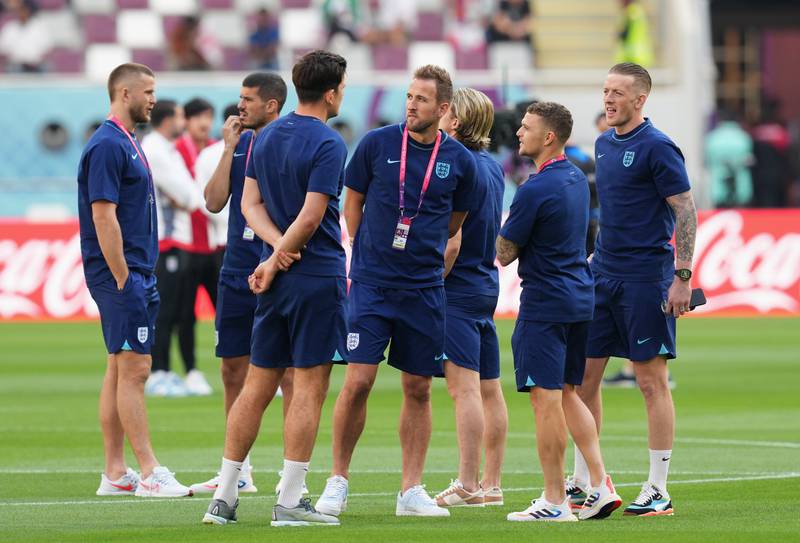 From left, England's Eric Dier, Conor Coady, Harry Maguire, Harry Kane, Conor Gallagher, Kieran Trippier and Jordan Pickford before the World Cup Group B match at Khalifa International Stadium. PA