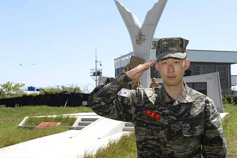 Tottenham Hotspur forward Son Heung-min salutes at a Marine Corps boot camp in Seogwipo on Jeju Island, South Korea. All photos by South Korea Marine Corps' Facebook via AP