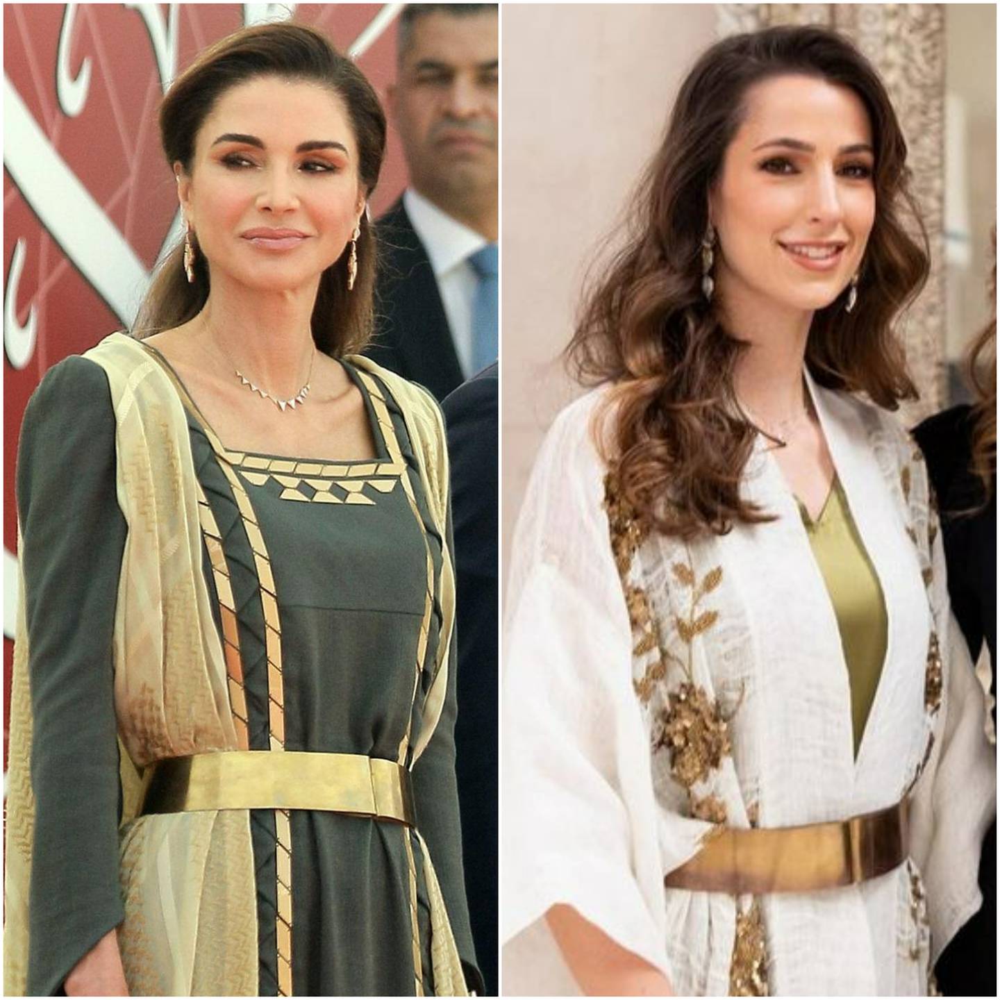Rajwa Al Saif borrowed a golden belt from Queen Rania to wear during her engagement to Jordan's Crown Prince Hussein. Getty Images; Royal Hashemite Court