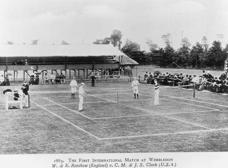 The first international tennis match takes place at Wimbledon, in 1883. The match, between the twins William and Ernest Renshaw of England, and Clarence M Clark and JS Clark of the USA, was won by the Renshaws.
