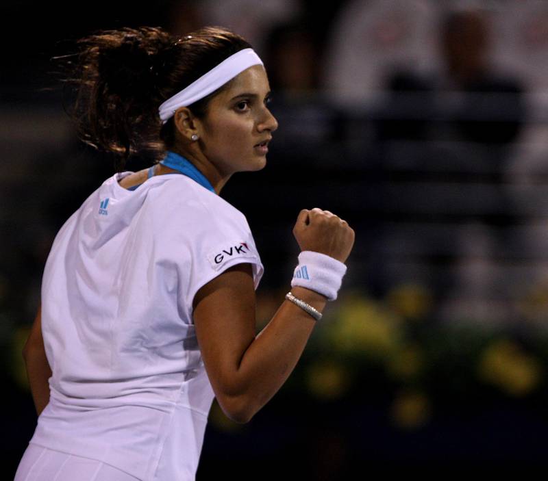 Sania Mirza of India reacts after defeating Vera Dushevina of Russia during the second day of the Barclays Dubai Tennis Championship at Dubai Tennis Stadium in Dubai, United Arab Emirates, Tuesday, February 26,2008. {Photo by Paulo Vecina}