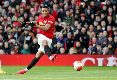 Manchester United's Anthony Martial opens the scoring against Manchester City at Old Trafford. Reuters