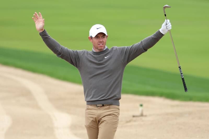 Rory McIlroy reacts after shooting for an eagle on the 8th hole. Getty Images